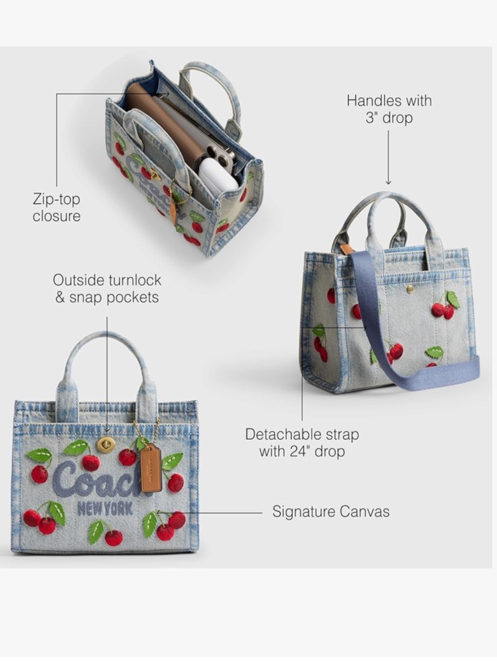 COACH BUNDLE: Coach Denim Cherry Embroidered Cargo Tote & Coach Star Crossbody - Picture 6 of 15